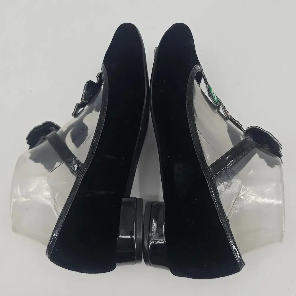 Miss L Fire Black Velvet Floral Embroidered Mary Jane Flats Ballet Shoe 37 6.5